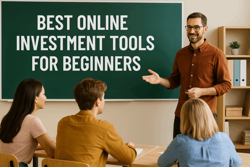 Beginner investor using laptop to explore online investment tools