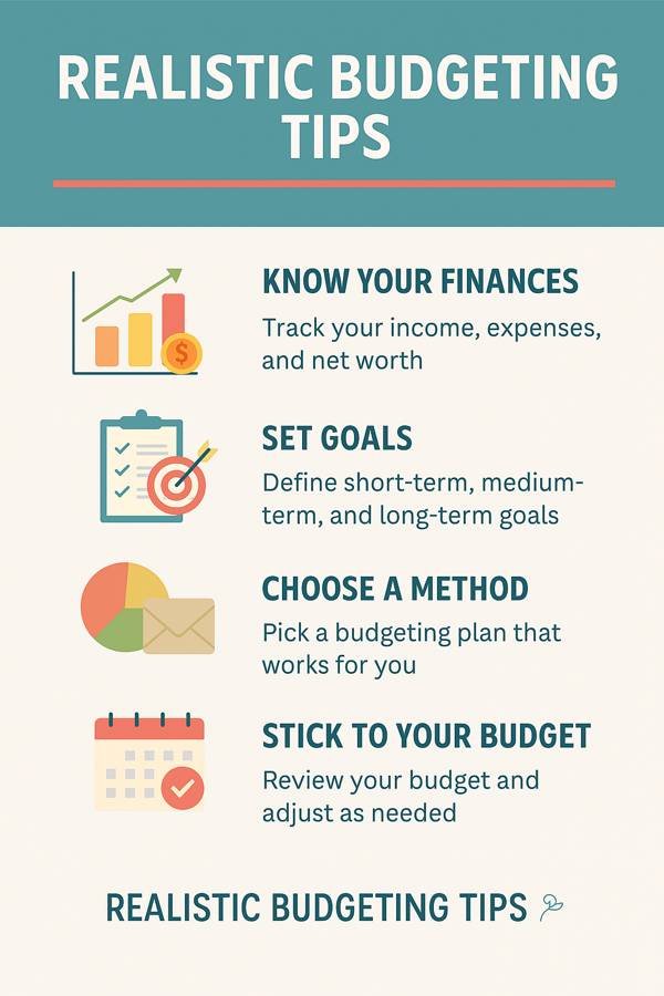 Infographic displaying realistic budgeting tips including tracking finances, setting goals, choosing a budgeting method, and sticking to the plan