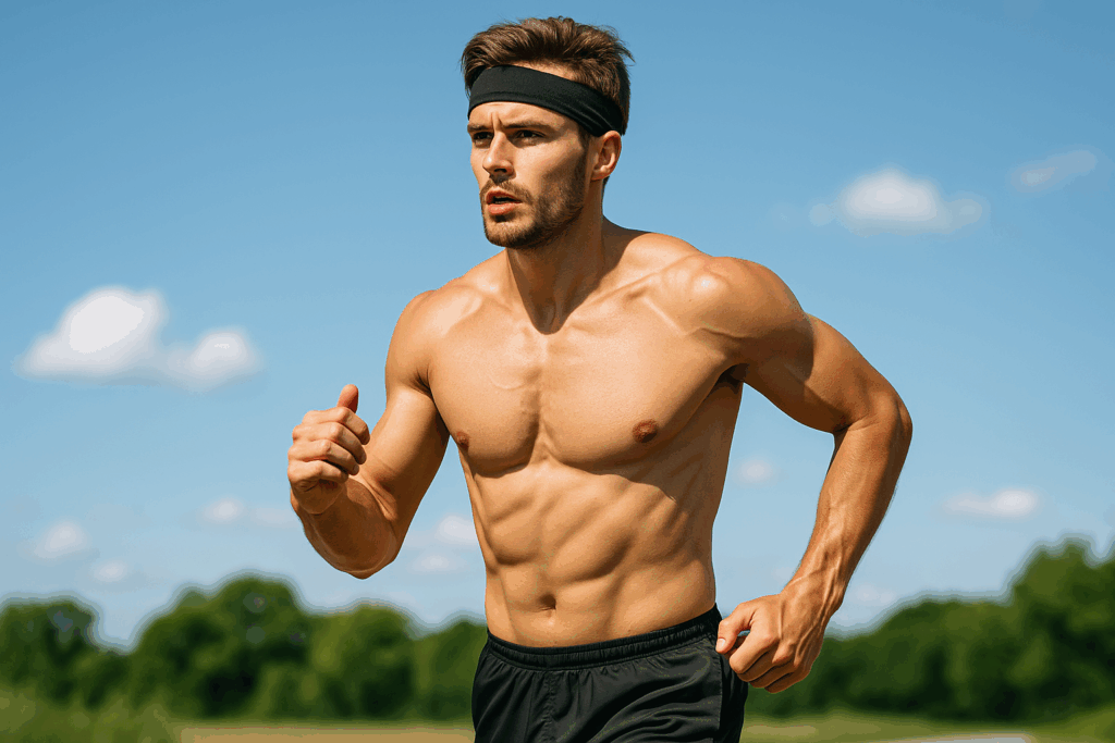 Muscular man in sprint start position on outdoor track, facing camera. - Anabolic Running