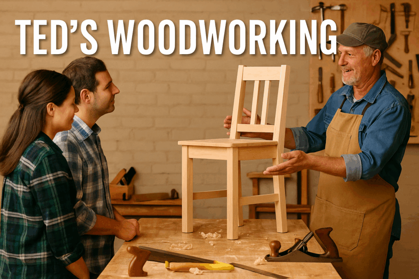 Ted teaching two woodworking students how to build a wooden chair with tools like a saw and wood planer on the workbench.